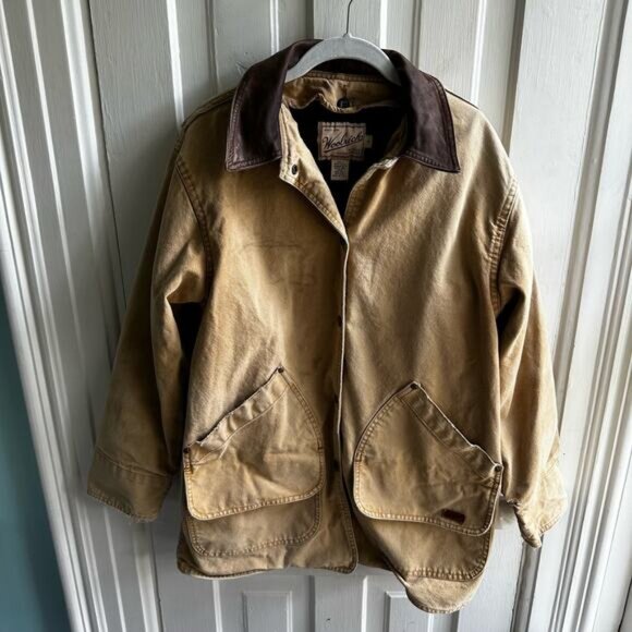 Woolrich Vintage 90s Leather Collar Wool Blanket Lined Chore Barn Coat - Picture 1 of 11